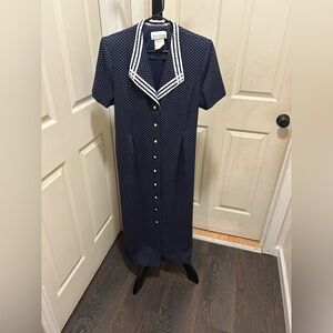 Vintage Navy Polka Dot Dress with White Accents